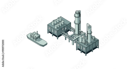Isometric view of an industrial complex with a ship docked nearby.