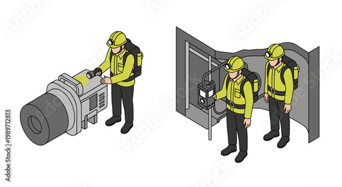 Miners operating machinery in an underground mine.