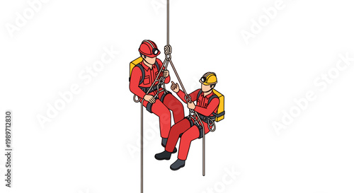 Two individuals in safety gear rappelling down a rope during a rescue operation.