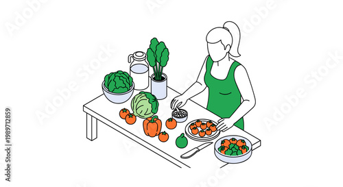 Woman preparing a healthy meal with fresh vegetables on a table.