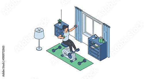Woman exercising at home on a stationary bike with weights.