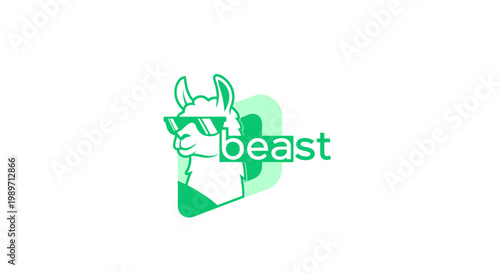Hip green llama character wearing sunglasses, stylized graphic design element with "beast" text, modern mascot illustration