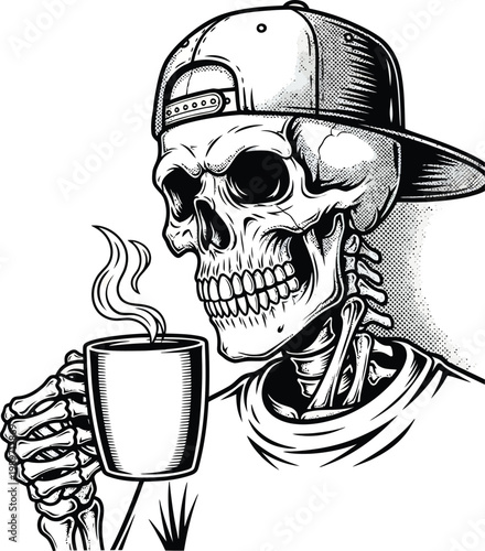 Skeleton wearing baseball cap holding steaming coffee mug illustration