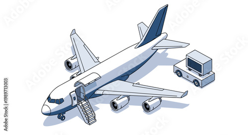 Isometric illustration of a passenger airplane with open door and stairs.