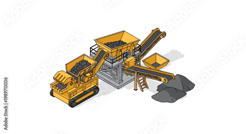 Isometric illustration of a stone crushing and screening plant with heavy machinery.