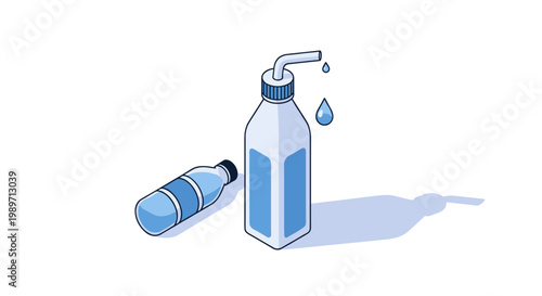 Isometric illustration of a water bottle with a dispenser and a single drop of water.