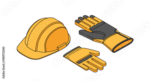 Isometric illustration of a yellow hard hat and work gloves, essential personal protective equipment.