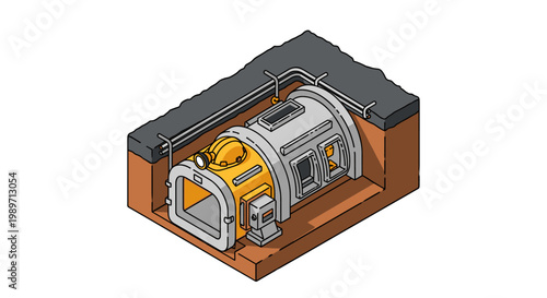 Isometric illustration of a tunnel boring machine in a cross-section of underground construction.