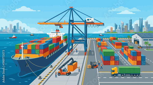 A vibrant flat design illustration capturing the dynamic activity of a seaport container terminal with ships, stacked containers, and a gantry crane.