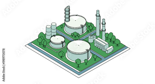 Isometric illustration of an industrial oil refinery or chemical plant.