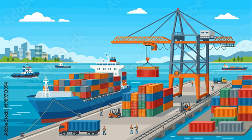 A vibrant flat design illustration capturing the dynamic activity of a seaport container terminal with ships, stacked containers, and a gantry crane.