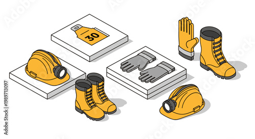 Isometric illustration of essential personal protective equipment for outdoor work.