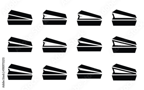 Minimalist silhouettes of 12 coffins arranged in a grid symbolizing mortality and remembrance monochromatic black and white design vector icon set