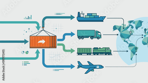A comprehensive flat design illustration outlining freight forwarding services, showing a shipping container connecting to various transport modes and destinations. 