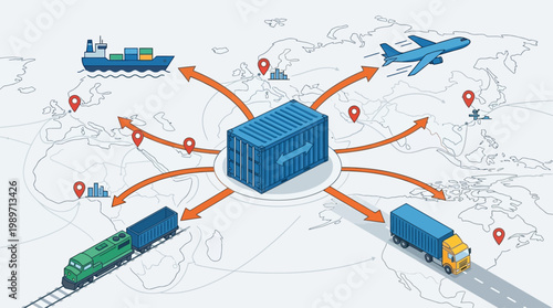 A comprehensive flat design illustration outlining freight forwarding services, showing a shipping container connecting to various transport modes and destinations. 