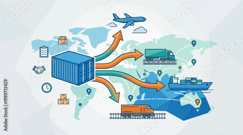 A comprehensive flat design illustration outlining freight forwarding services, showing a shipping container connecting to various transport modes and destinations. 