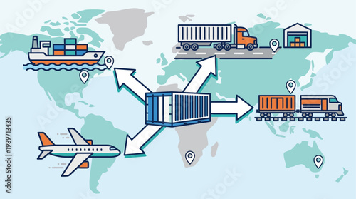 A comprehensive flat design illustration outlining freight forwarding services, showing a shipping container connecting to various transport modes and destinations. 