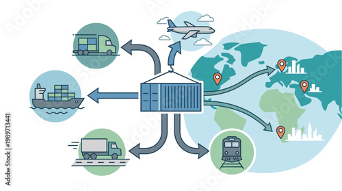 A comprehensive flat design illustration outlining freight forwarding services, showing a shipping container connecting to various transport modes and destinations. 
