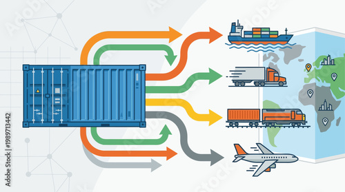 A comprehensive flat design illustration outlining freight forwarding services, showing a shipping container connecting to various transport modes and destinations. 