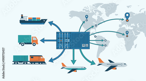 A comprehensive flat design illustration outlining freight forwarding services, showing a shipping container connecting to various transport modes and destinations. 