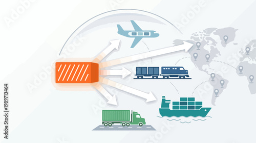 A comprehensive flat design illustration outlining freight forwarding services, showing a shipping container connecting to various transport modes and destinations. 