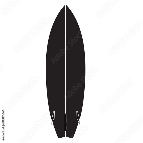 Black surfboard silhouette vector illustration with fins for summer water sports and beach recreation design