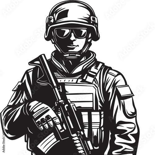 Detailed vector illustration of a military serviceman wearing tactical helmet and holding a powerful weapon