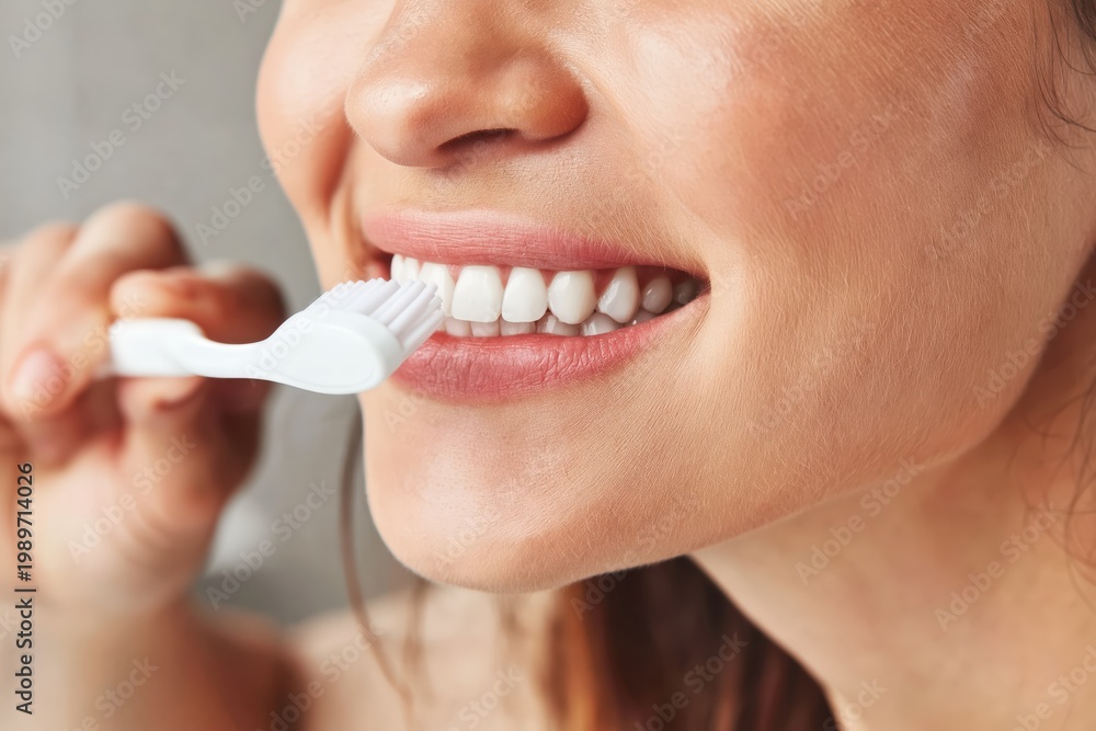 Fototapeta premium A close-up of a person brushing their teeth with a white toothbrush, focusing on clean, healthy teeth and oral hygiene.