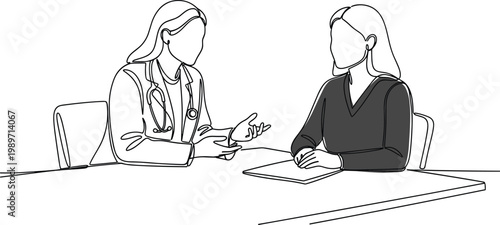Female doctor consulting patient at desk continuous line drawing medical advice healthcare discussion and clinical consultation illustration