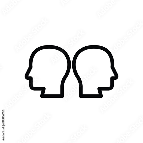 Two black outline human heads facing away from each other, symbolizing duality or differing perspectives.