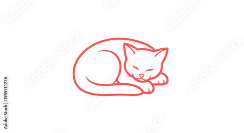 Minimalist red line art illustration of a cute cat sleeping curled up, a simple graphic icon of a napping feline pet