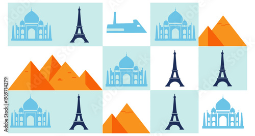 A colorful pattern showcasing iconic world landmarks in a repeating tile design