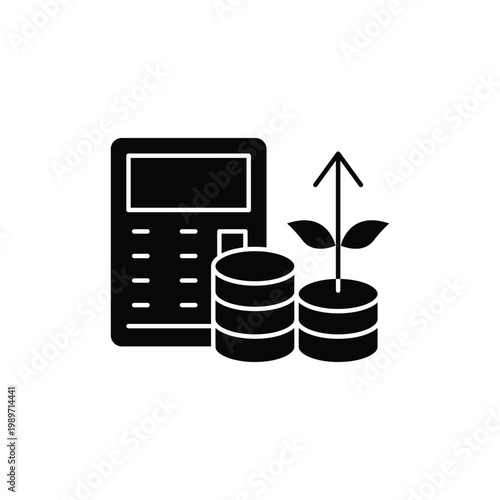 Financial growth calculation icon with a calculator, stacked coins, and a growing money plant.