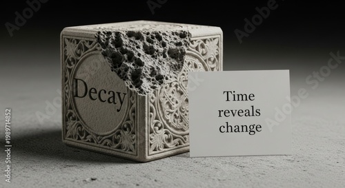 Ornate Cube Showing Decay Next to 'Time Reveals Change' Card