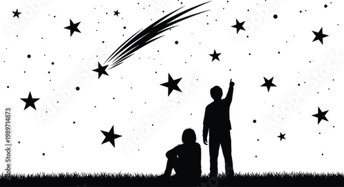 Black silhouette illustration of two figures stargazing under night sky with shooting star, celestial wonder, and human curiosity theme