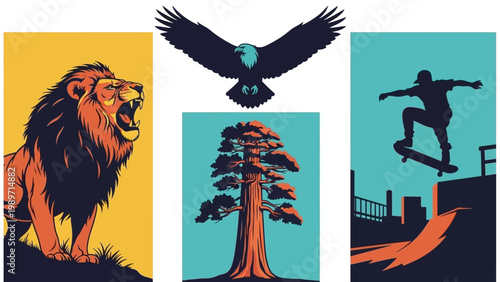 Lion, Eagle, Sequoia Tree, Skateboarder: Collage of Nature and Action