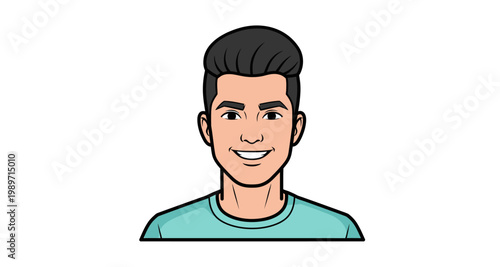 Cartoon illustration of a smiling young man with short dark hair and a light blue shirt