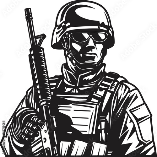 Determined soldier in combat gear holding an assault rifle ready for action