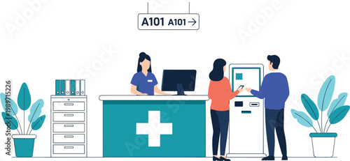 Hospital reception desk with patients using self service kiosk healthcare check in and medical service illustration