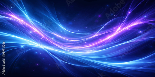 An abstract blue background with stars features glowing purple waves and flowing fractal lines in a motion design that creates an energetic space texture wallpaper