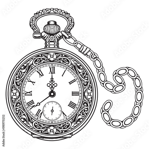 Vintage pocket watch with ornate floral engraving and chain vector illustration for tattoo design