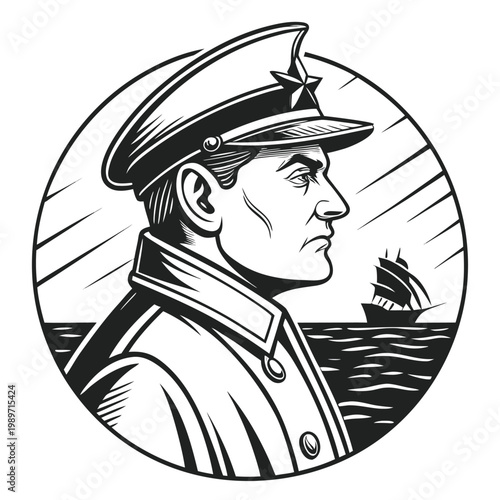 Commanding naval officer gazes toward a distant sailing ship on the open ocean