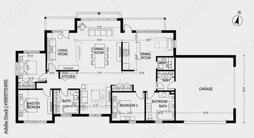 Comprehensive Residential House Floor Plan with Multiple Rooms Isolated White Background