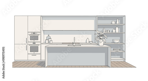 Modern Minimalist Kitchen Interior Design with Island in Bright Studio