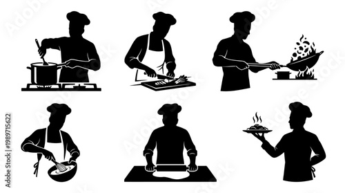 Silhouette of people working in kitchen.