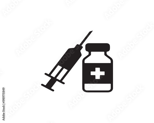 Minimalist vector icon of syringe and medicine vial with blue label and white cross, dark blue silhouette, geometric high-contrast design, transparent background, optimized for vaccination, injection,