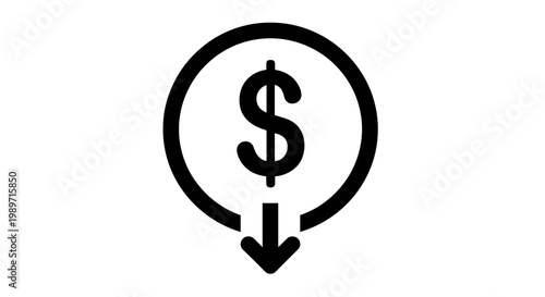 Dollar Sign in Circle with Downward Arrow Representing Financial Decline on an Isolated White Background