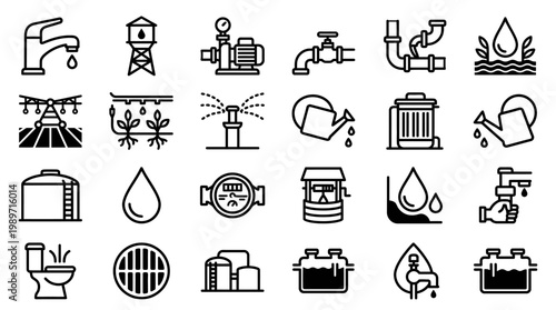 Black and white water icons set.