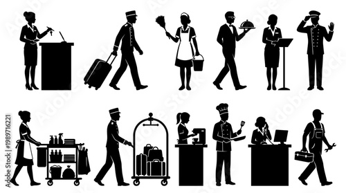 hotel staff silhouettes, hospitality workers icons