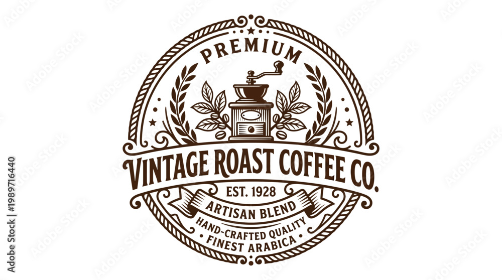 Obraz premium Vintage Coffee Logo with Grinder and Wreath - Premium Artisan Blend